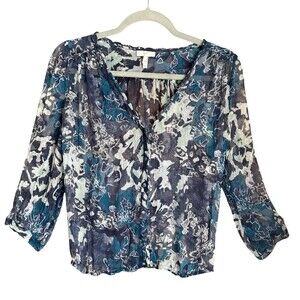 Joie Silk Blouse XS Blue Sheer Floral Button Front Elastic Hem Long Sleeve